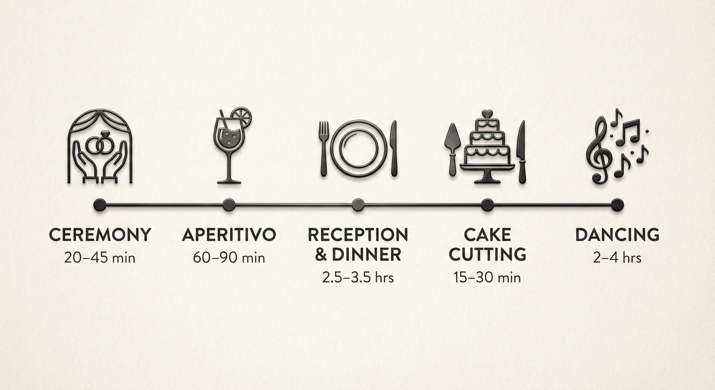 Italian wedding day timeline diagram with ceremony, aperitivo, dinner, cake cutting, and dancing durations