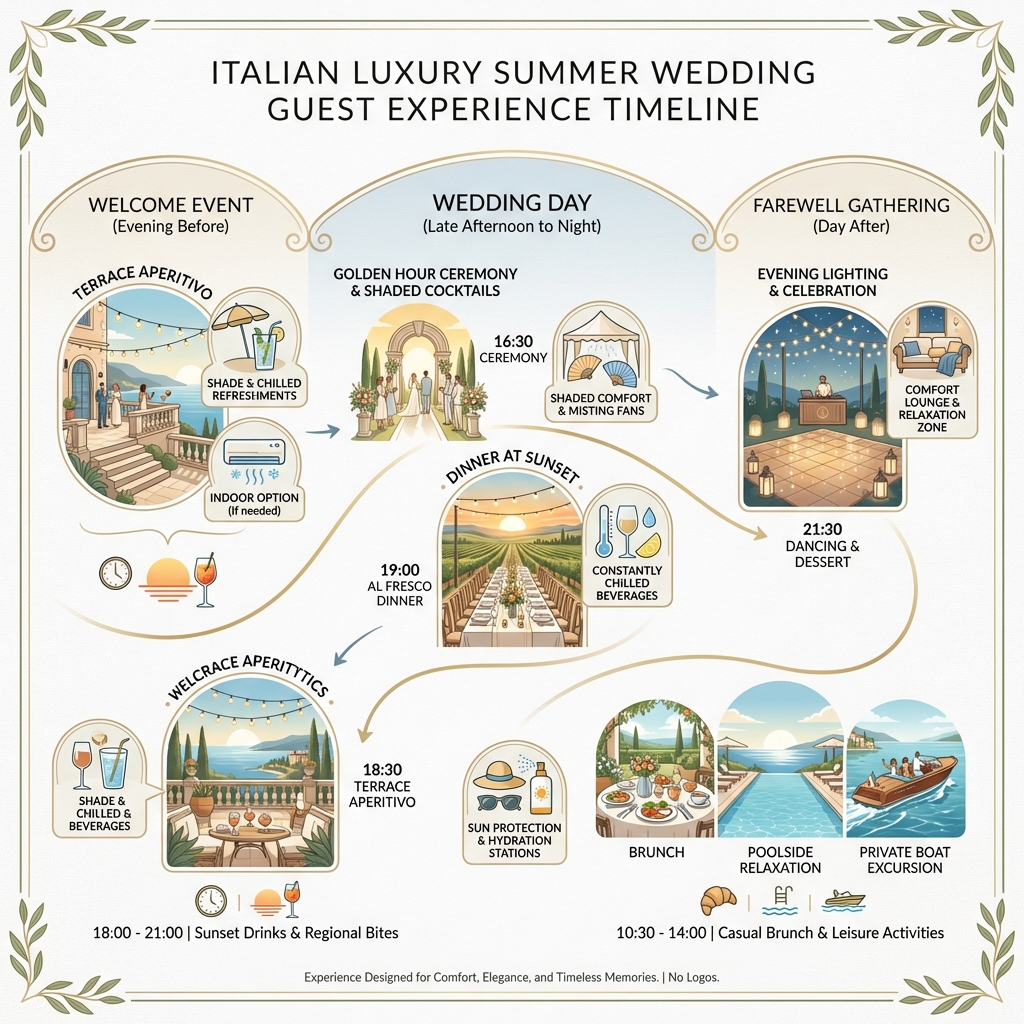 Multi-day Italy wedding timeline showing welcome event, golden hour wedding day, and farewell brunch