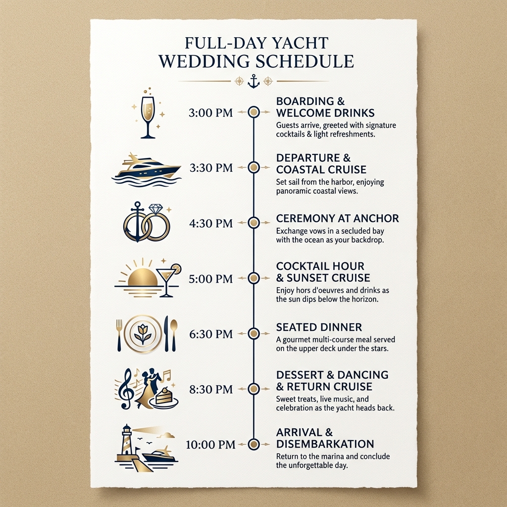 Sample timeline for a full-day yacht wedding in Italy from boarding to disembarkation