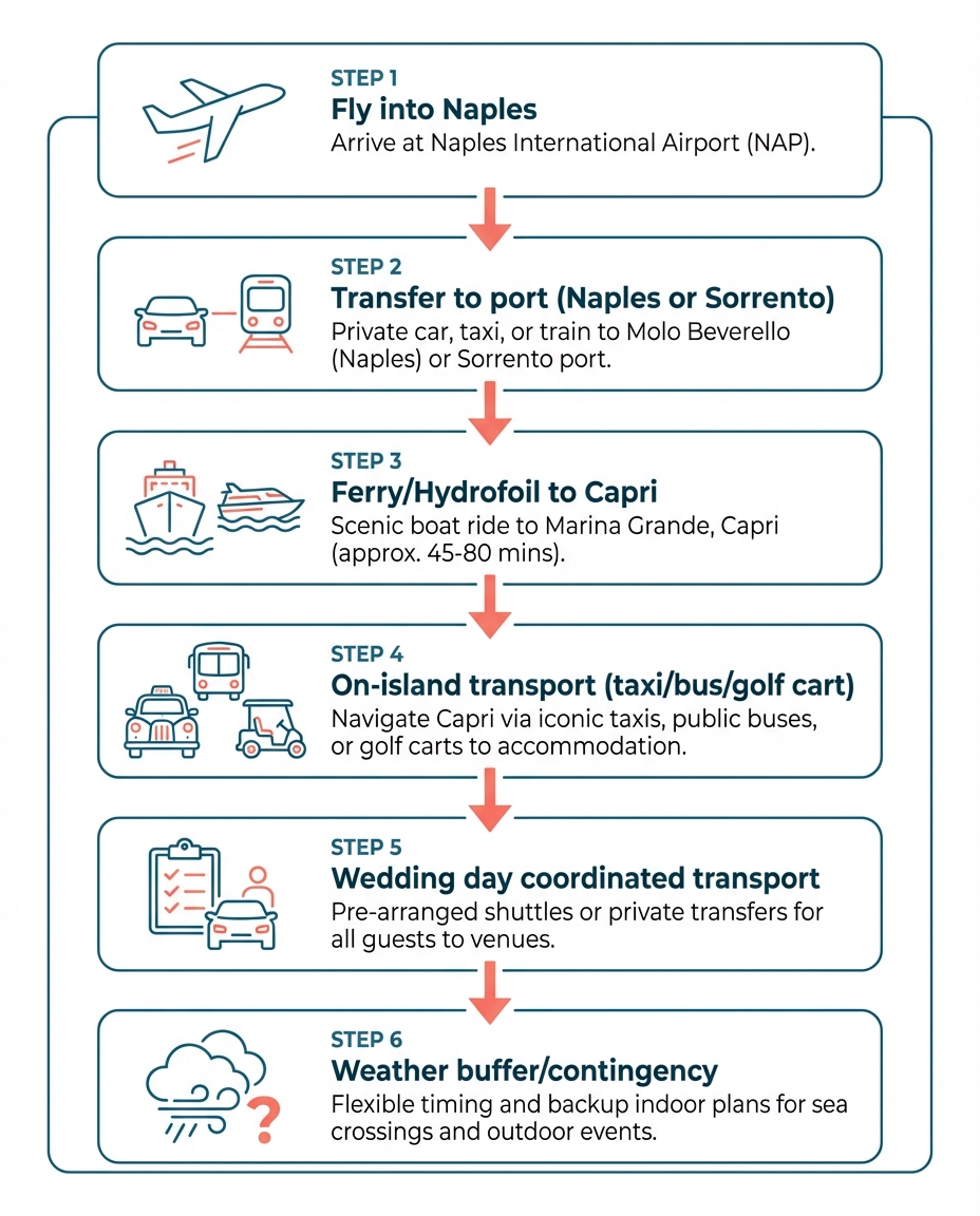 Logistics of a luxury wedding in Capri: transfers, vendor coordination and island management