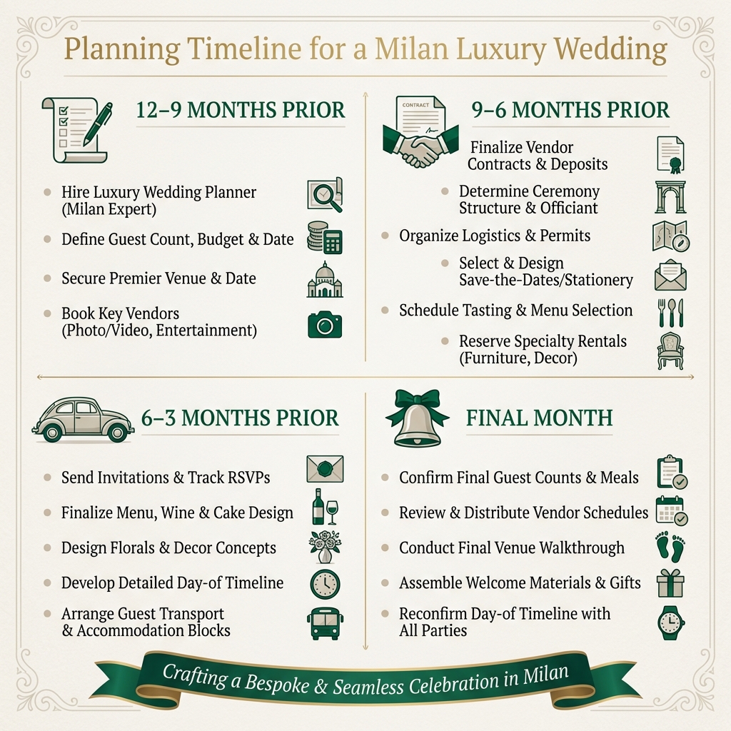 Milan luxury wedding planning timeline infographic from 12 months out to the final month
