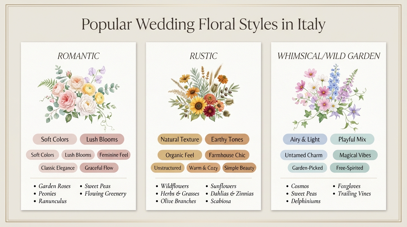 Diagram comparing romantic, rustic, and whimsical wild garden wedding floral styles in Italy with example flowers