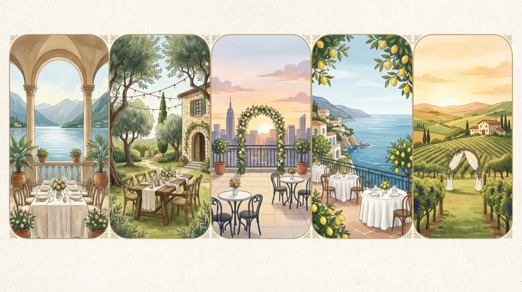 Illustrated collage of Italian wedding settings suited to a symbolic handfasting ceremony