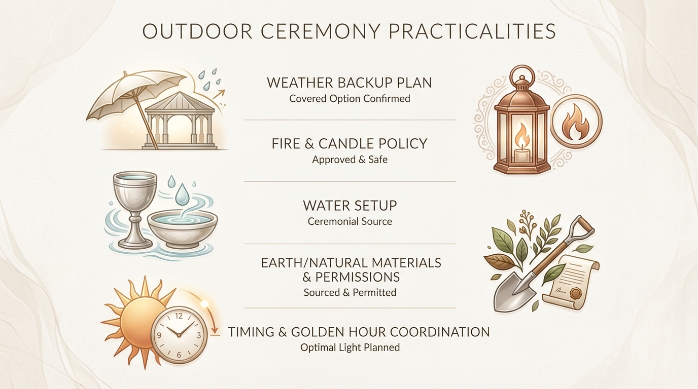 Checklist of outdoor symbolic wedding ceremony considerations in Italy: weather, candles, water, earth, timing