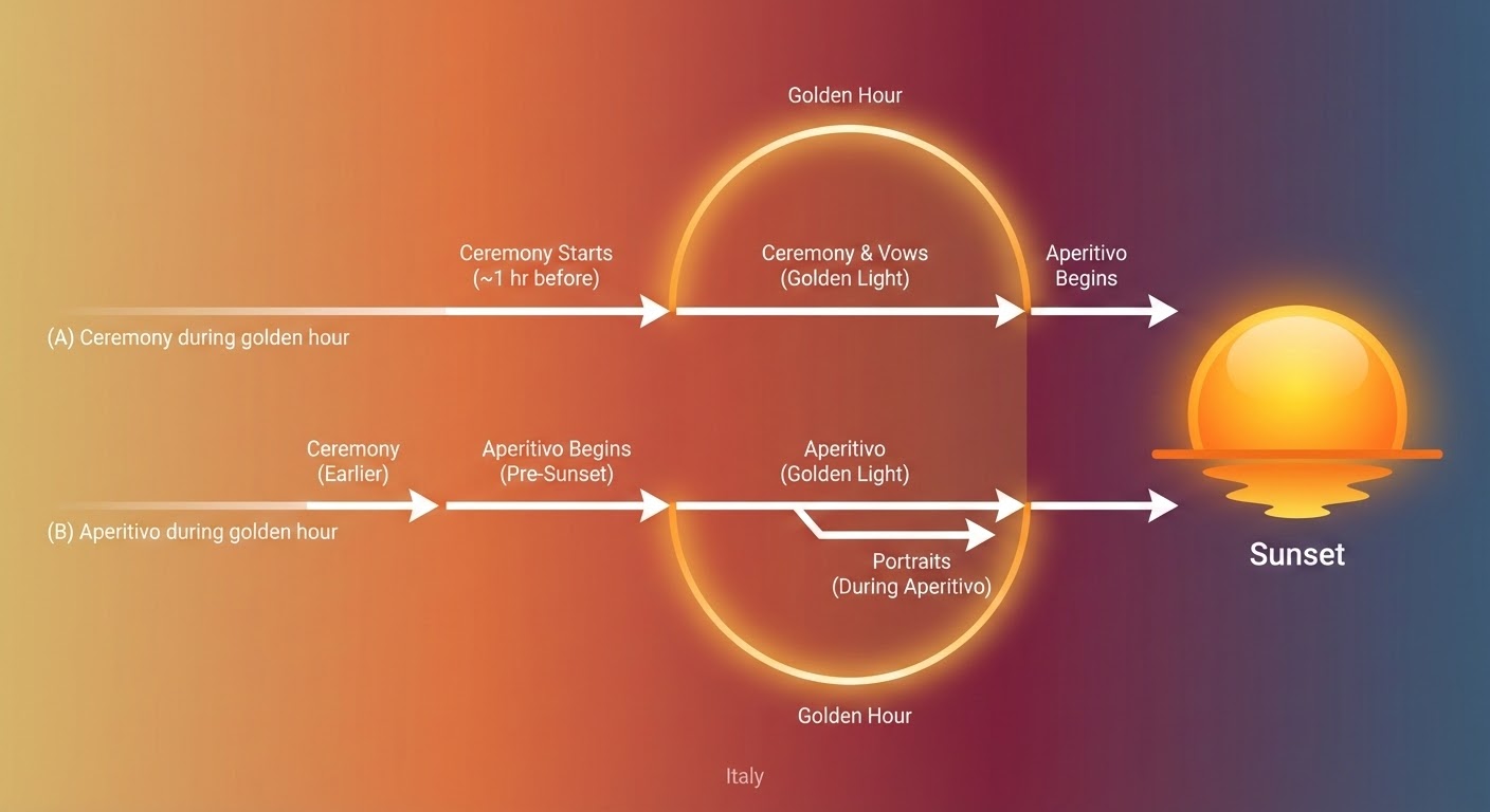 Golden hour planning infographic showing how to schedule ceremony and aperitivo by working backwards from sunset