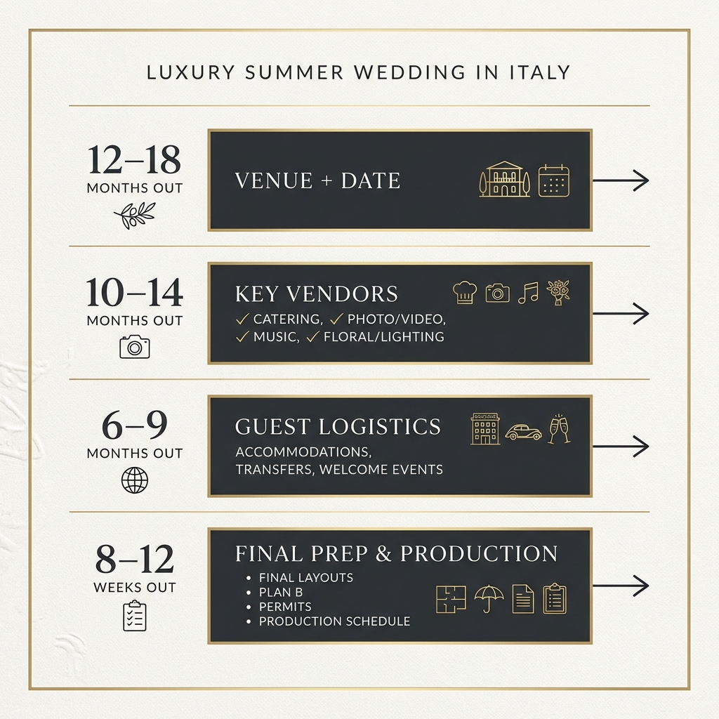 Planning timeline chart for a luxury summer wedding in Italy from 12–18 months to final 8–12 weeks
