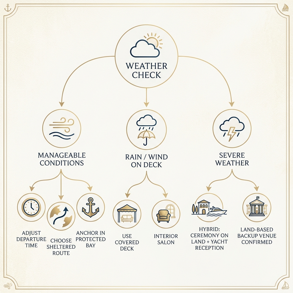 Weather backup plan flowchart for a yacht wedding in Italy with sheltered routes and land-based alternatives