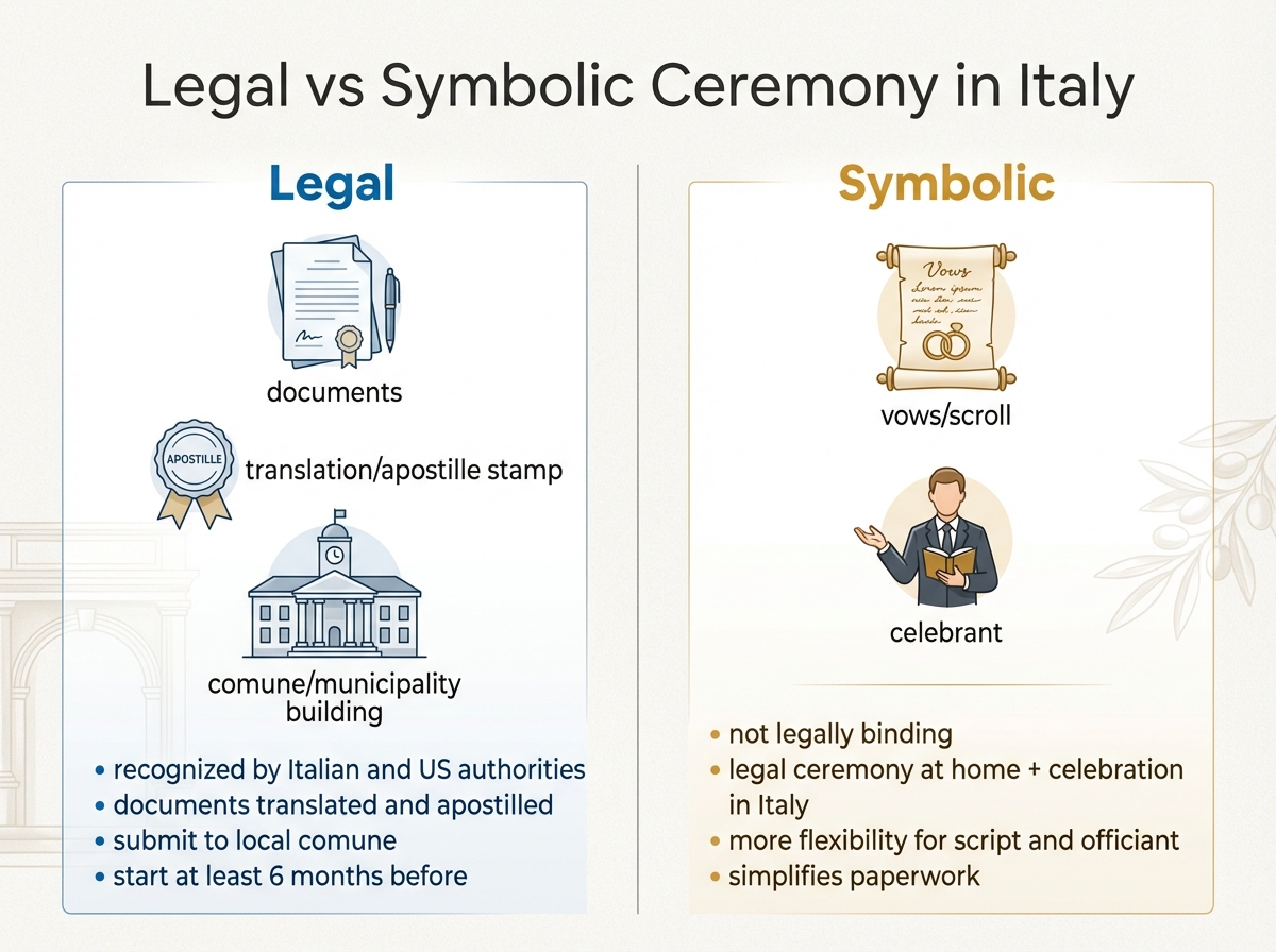 Legal and symbolic ceremony options in Piemonte Italy illustrated for international couples
