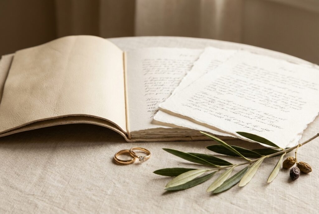 Catholic Wedding in Italy  Vow book with rings and olive branch for a personalized symbolic wedding ceremony in Italy