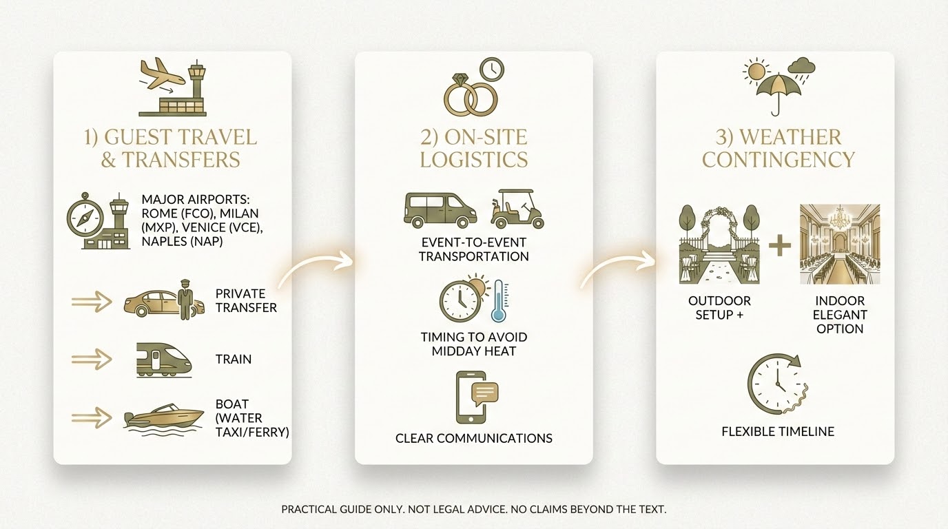 Diagram of Italy wedding logistics: airport arrivals, transfers, on-site transport, and weather contingency Plan B