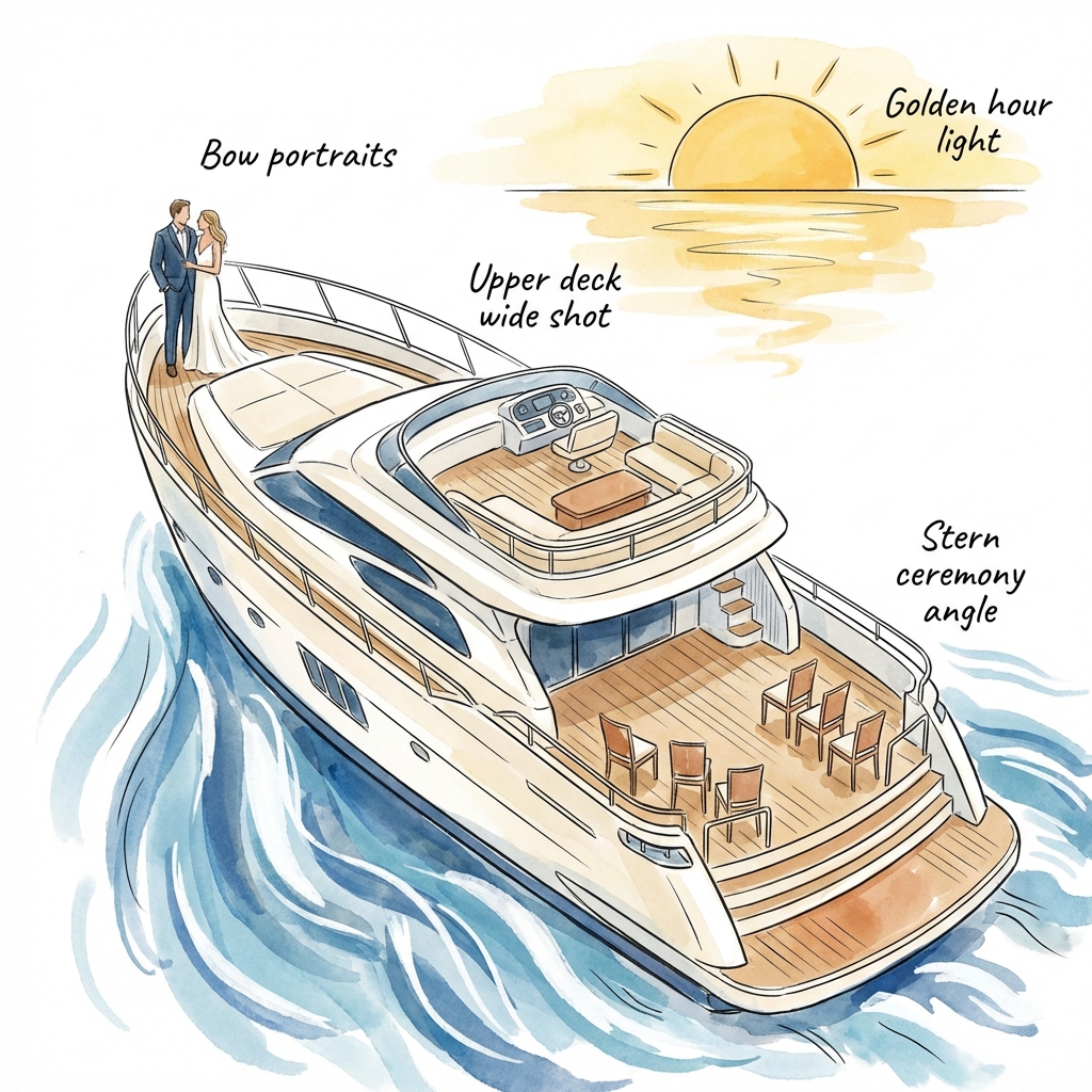 Yacht wedding photography diagram showing golden hour light and best deck vantage points