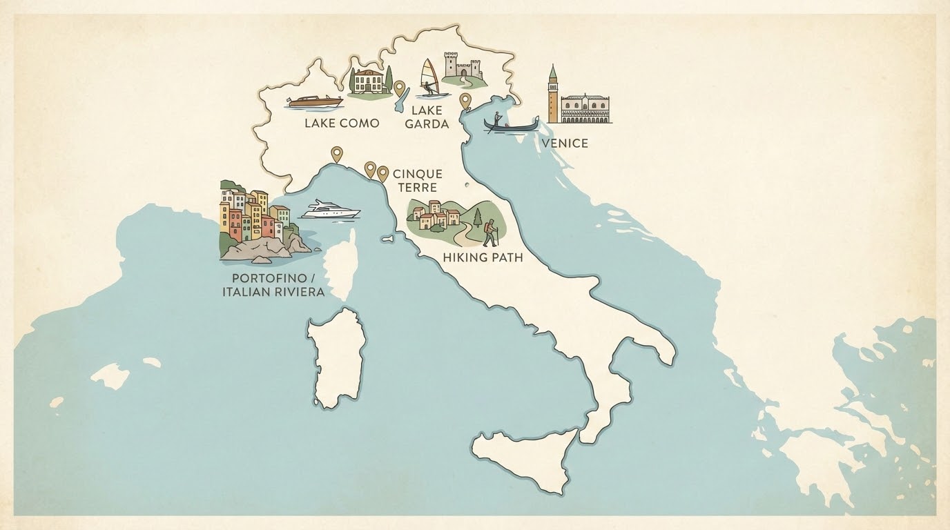 Illustrated map of Italy highlighting Lake Como, Lake Garda, Venice, Portofino, and Cinque Terre