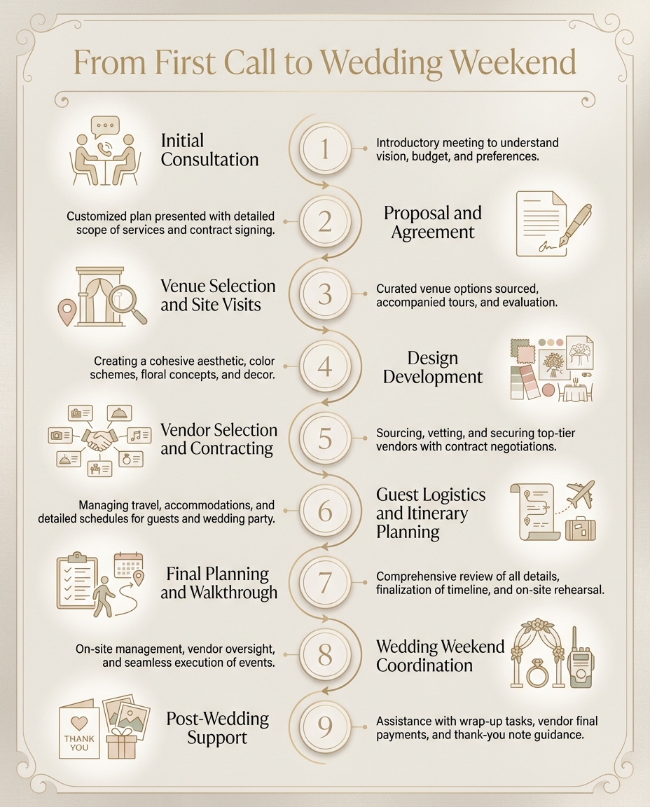 Luxury wedding planner process in Milan from initial consultation to wedding weekend and post-wedding support