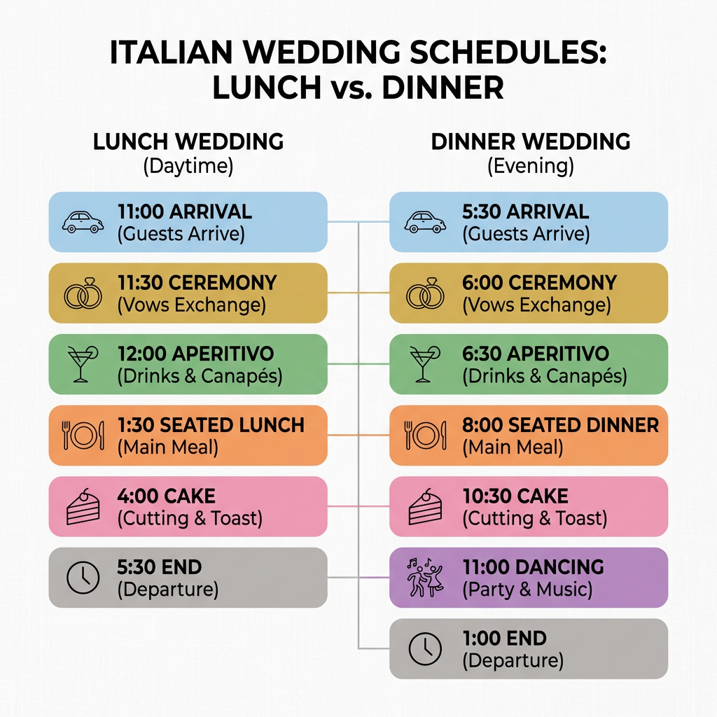 Lunch vs dinner Italy wedding schedules comparing ceremony, aperitivo, dinner, cake cutting, and dancing times