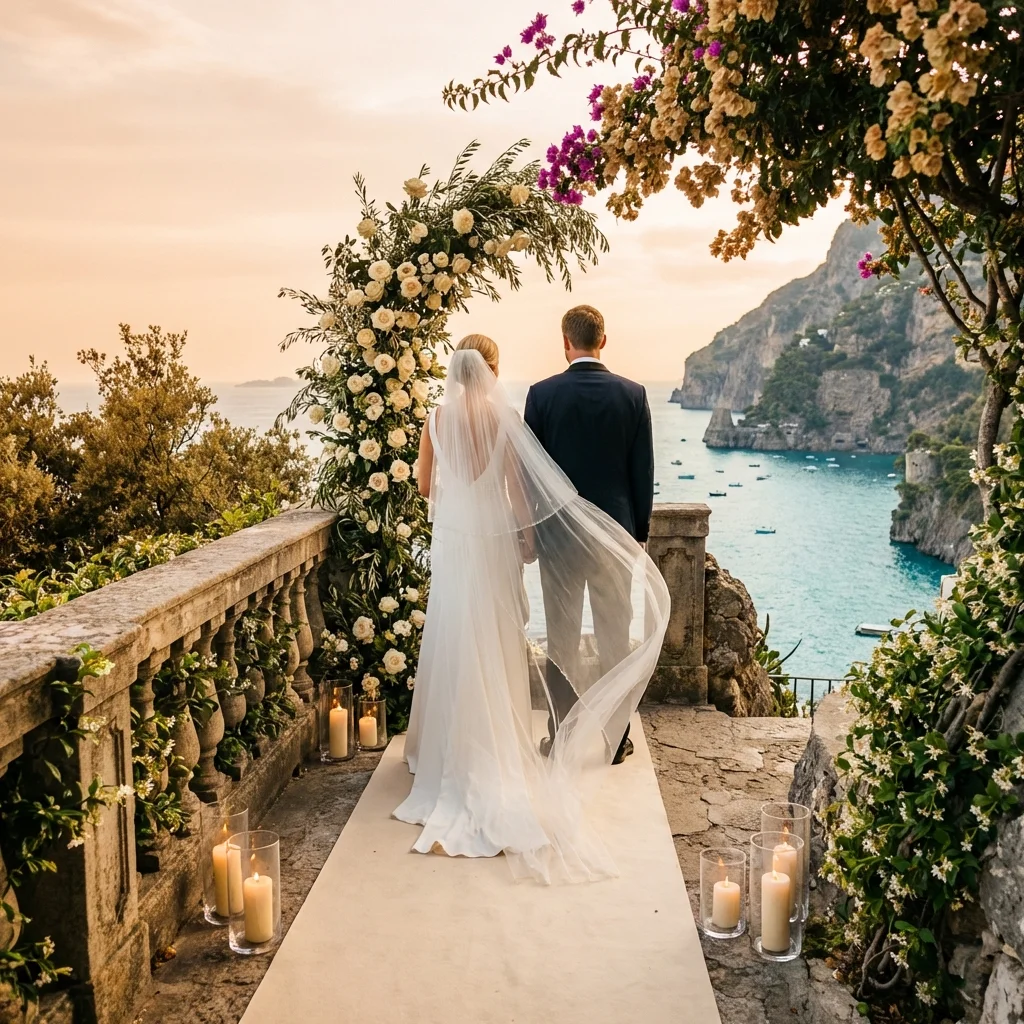 beach wedding italy cliffside terrace at sunset