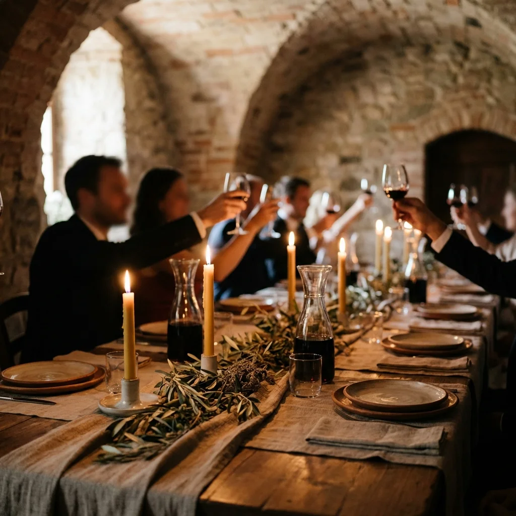 vineyard wedding italy candlelit wine cellar dinner