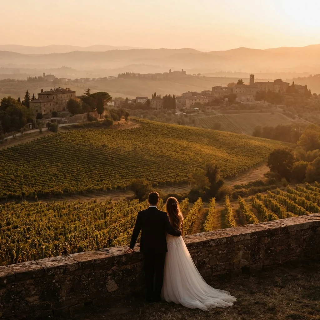 vineyard wedding italy panoramic hills with couple