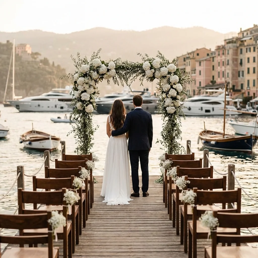 beach wedding italy private pier ceremony with yachts