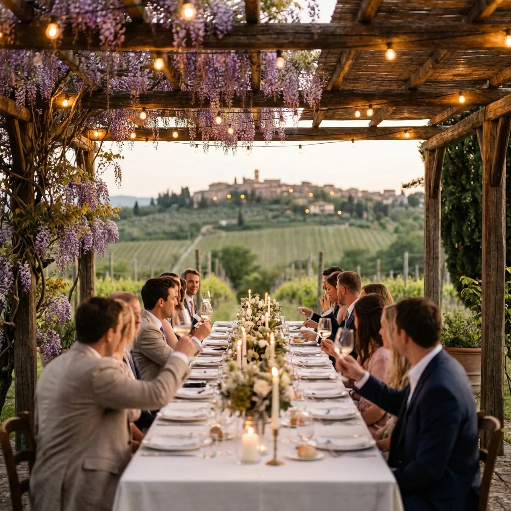 vineyard wedding italy Chianti pergola reception dinner