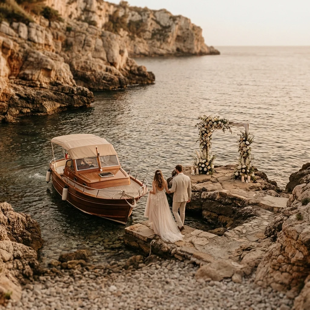 beach wedding italy secluded cove arrival by boat