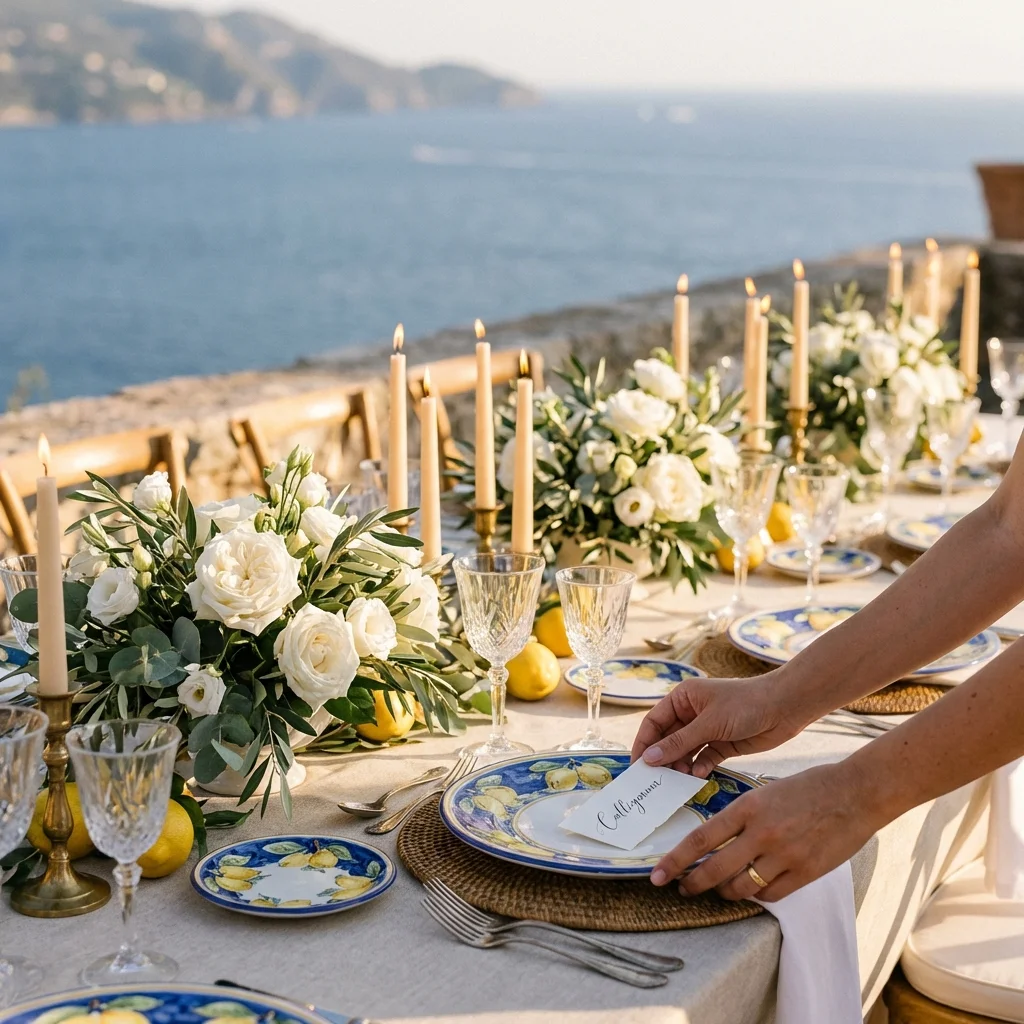 beach wedding italy luxury seaside reception table setting