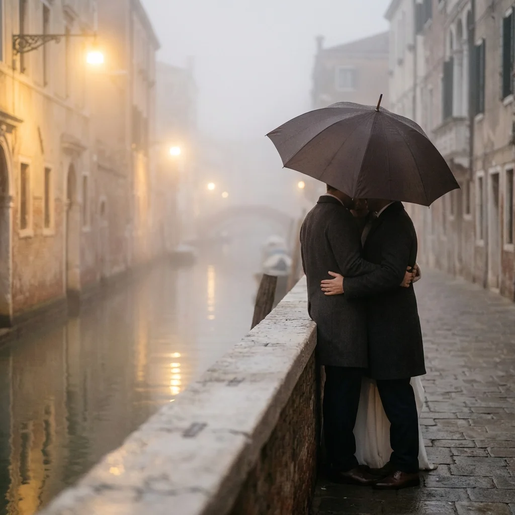 elope in venice italy foggy morning canal embrace