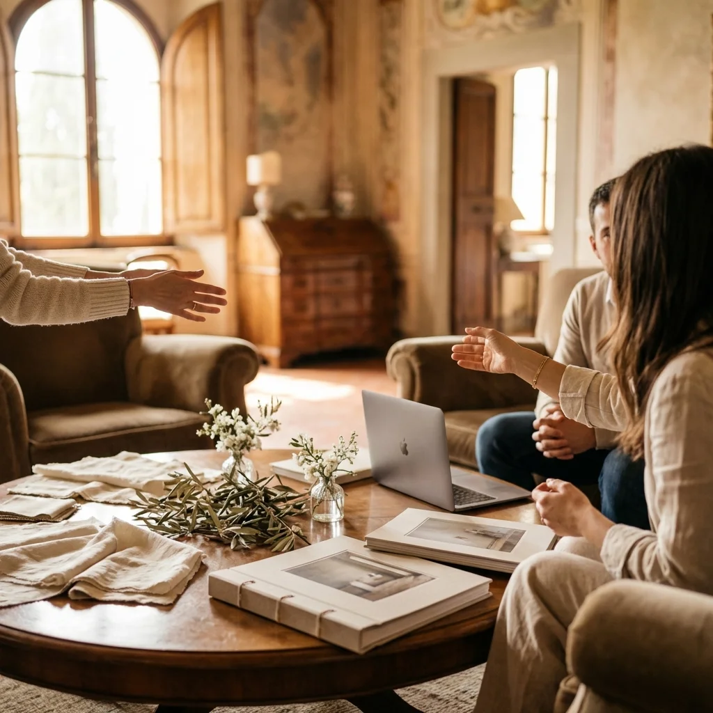 best wedding planners in italy discussing fees in villa