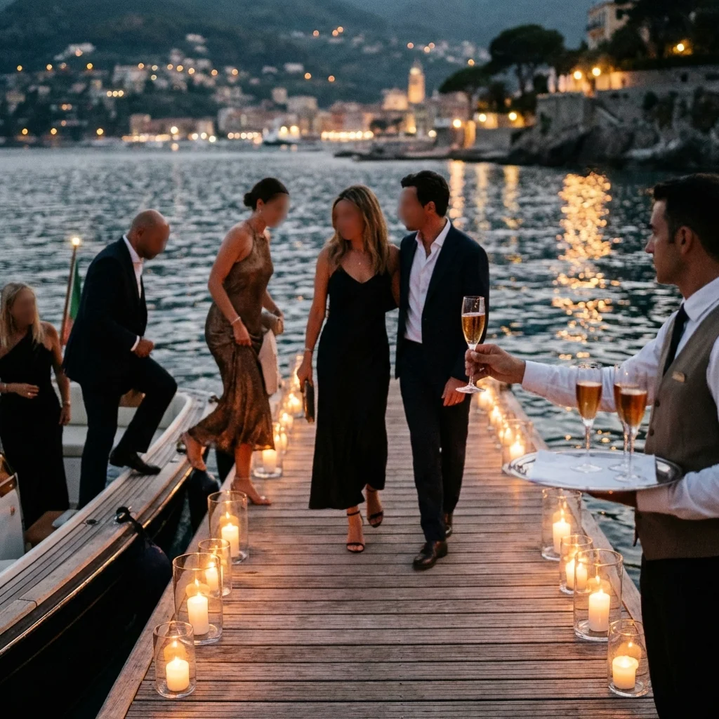 beach wedding italy candlelit pier welcome with Franciacorta