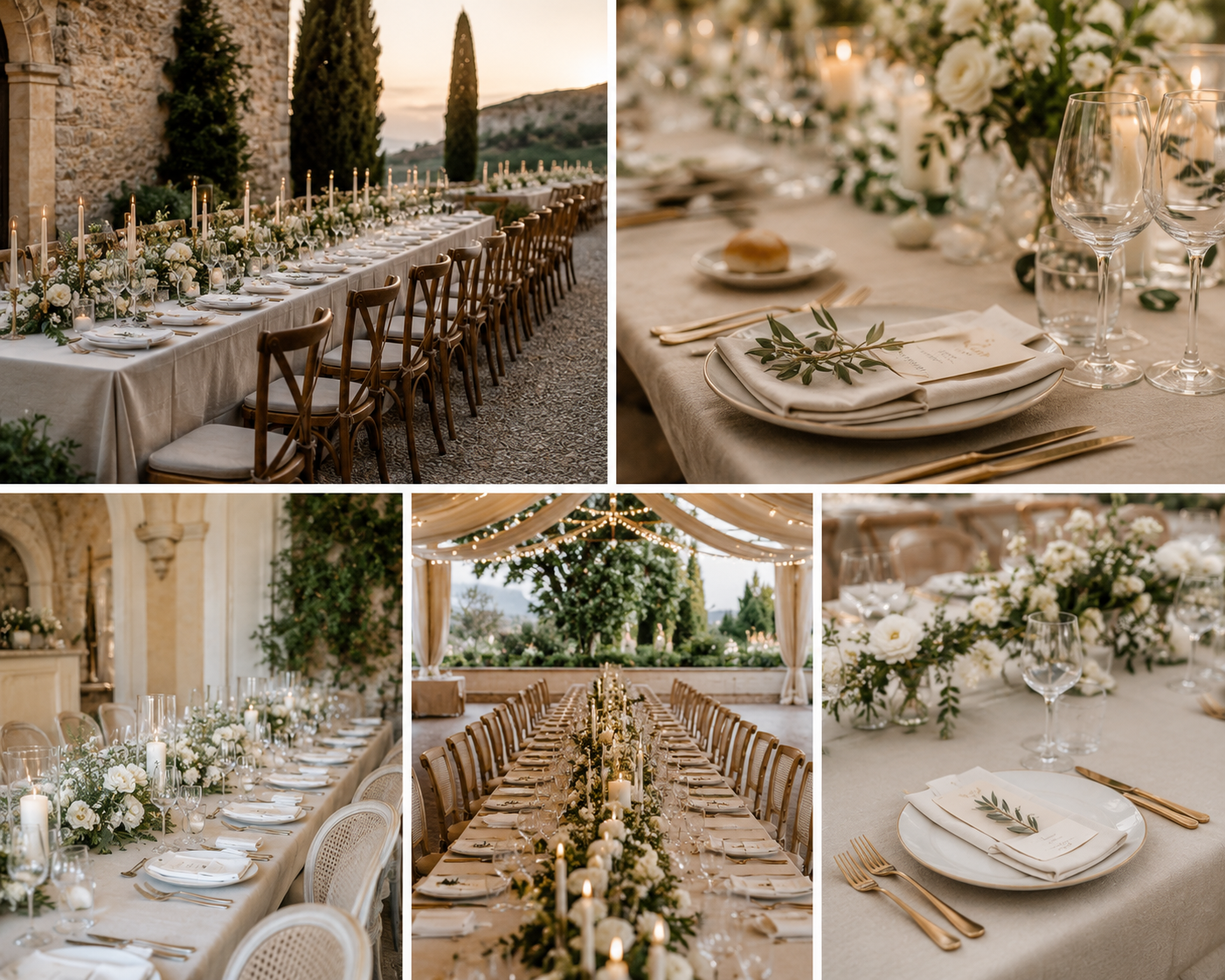 Italian wedding tablescape for an outdoor dinner at a Tuscany venue