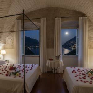 Deluxe sea-view room with roses at Monastero Santa Rosa after a clifftop proposal – Amalfi Coast overnight proposal – Kiss Me Italy