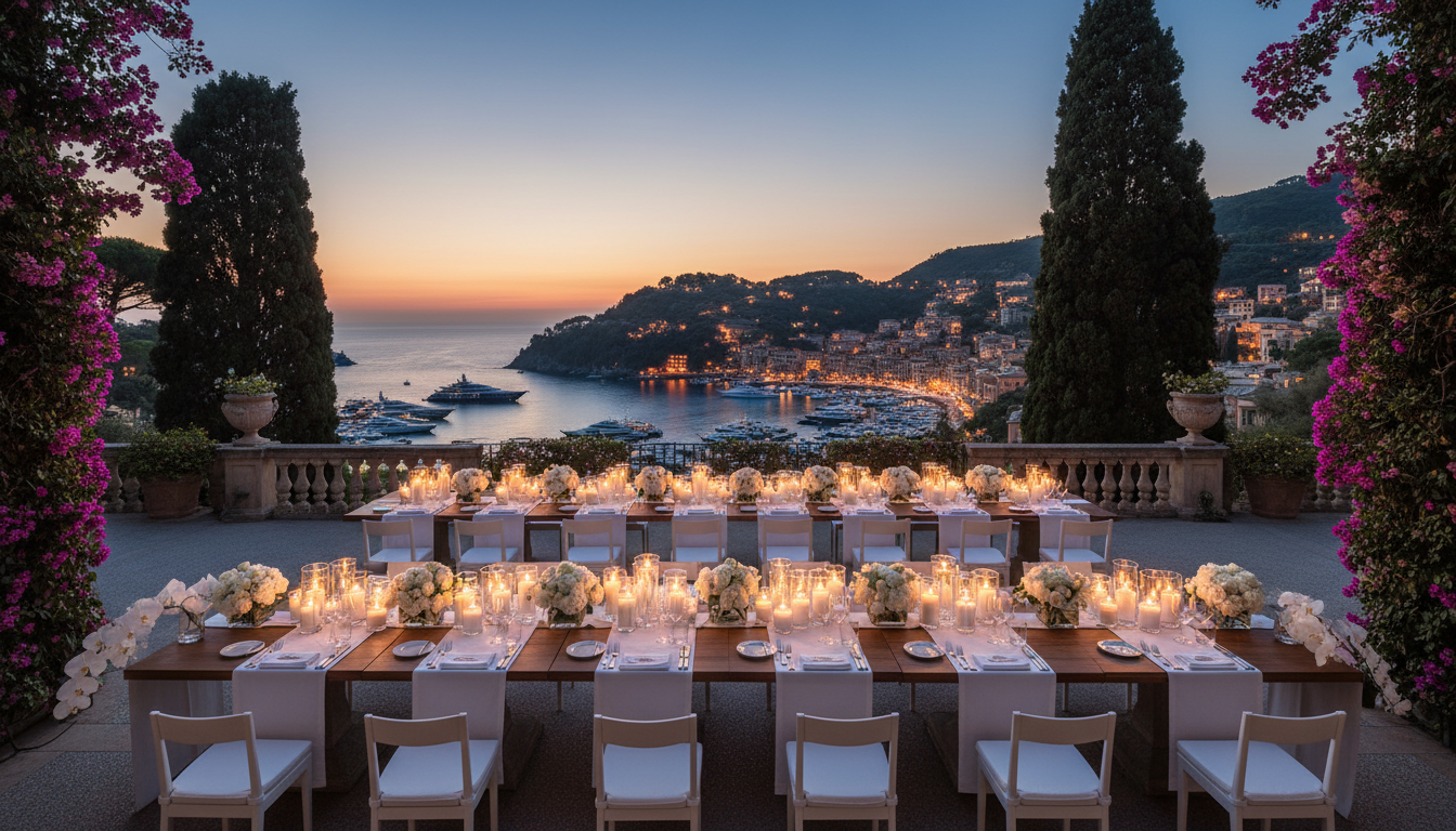 Private wedding dinner at the Splendido Grill with Portofino bay below – Belmond Portofino wedding – Kiss Me Italy