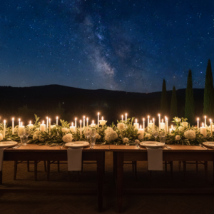 Welcome dinner under the stars at Borgo Pignano with Tuscan hills – Tuscan countryside wedding – Kiss Me Italy