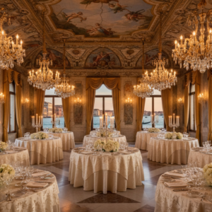 Wedding reception in the frescoed hall of Ca' Sagredo palazzo on the Grand Canal – Ca' Sagredo wedding Venice – Kiss Me Italy