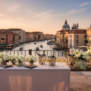 Wedding cocktail on the rooftop of Ca' Sagredo overlooking the Grand Canal and Venice rooftops – Venice palazzo wedding – Kiss Me Italy