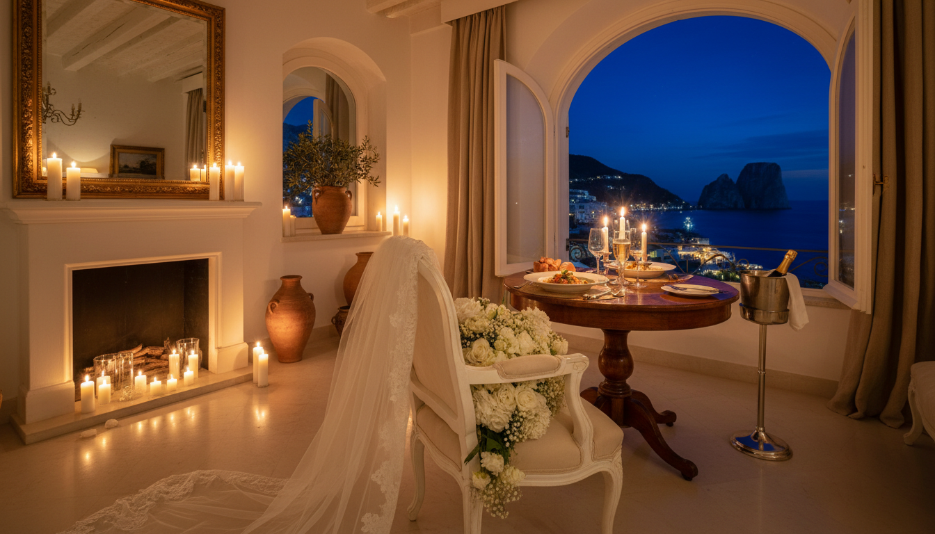Luxury Capri apartment with wedding florals and private chef dinner after a boat ceremony – luxury Capri elopement, Italy – Kiss Me Italy