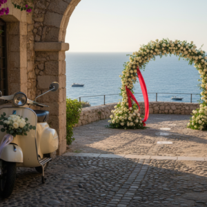 Vintage Vespa with wedding florals on a Capri lane leading to a terrace ceremony – Capri elopement by Vespa, Italy – Kiss Me Italy