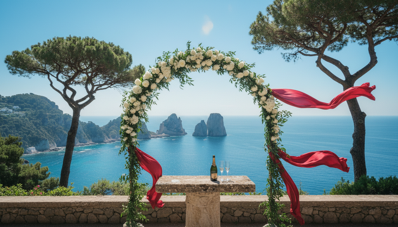 Symbolic wedding ceremony setup in an iconic Capri garden above the Faraglioni – Capri elopement, Italy – Kiss Me Italy