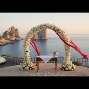 Terrace wedding ceremony facing the Faraglioni with vintage Fiat 500 – Capri terrace elopement, Italy – Kiss Me Italy