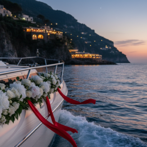 Evening cruise from Capri toward Nerano with wedding florals and waterfront dinner lights – Capri boat elopement, Italy – Kiss Me Italy