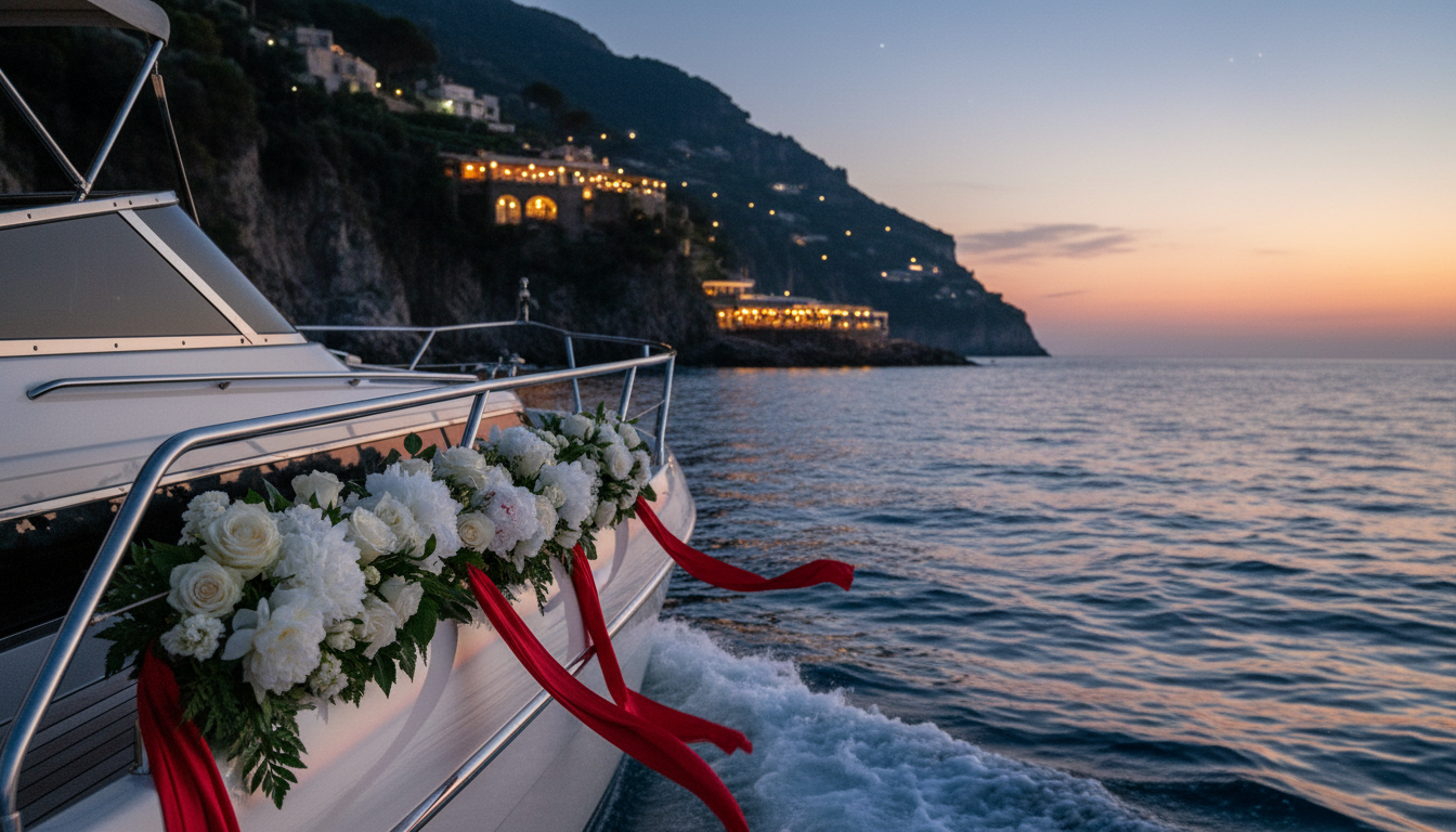 Evening cruise from Capri toward Nerano with wedding florals and waterfront dinner lights – Capri boat elopement, Italy – Kiss Me Italy