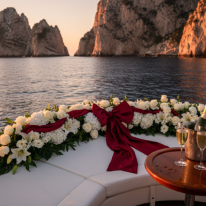 Wedding ceremony florals on a private boat at sunset off the Capri cliffs – sunset boat elopement in Capri, Italy – Kiss Me Italy