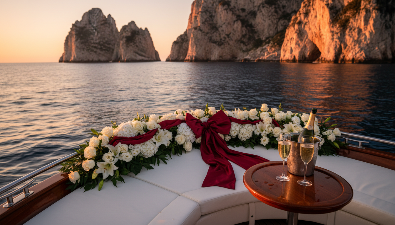 Wedding ceremony florals on a private boat at sunset off the Capri cliffs – sunset boat elopement in Capri, Italy – Kiss Me Italy
