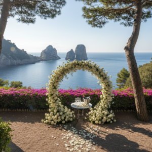 Iconic Capri garden with floral proposal setup overlooking the Faraglioni – marriage proposal in Capri, Italy – Kiss Me Italy