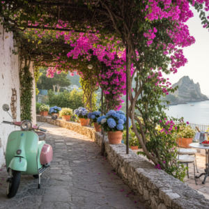 Vintage Vespa on a panoramic Capri lane with floral proposal terrace – Dolce Vita proposal in Capri, Italy – Kiss Me Italy