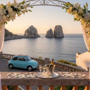 Panoramic terrace facing the Faraglioni with proposal florals and vintage Fiat 500 – proposal in Capri, Italy – Kiss Me Italy