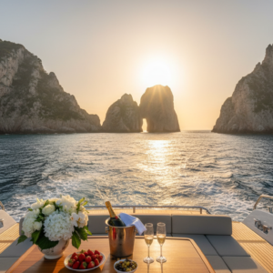 Golden hour cruise along the Capri cliffs with champagne and florals on deck – boat proposal cruise in Capri, Italy – Kiss Me Italy