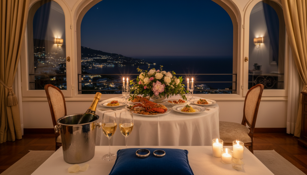 Luxury wedding planner Italy Luxury Capri apartment with anniversary florals and chef dinner after a sunset ceremony – luxury Capri vow renewal, Italy – Kiss Me Italy