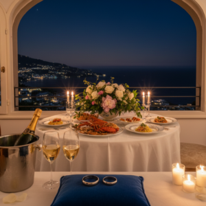 Luxury wedding planner Italy Luxury Capri apartment with anniversary florals and chef dinner after a sunset ceremony – luxury Capri vow renewal, Italy – Kiss Me Italy