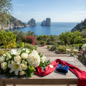 Anniversary ceremony florals in an iconic Capri garden facing the Faraglioni – Capri vow renewal, Italy – Kiss Me Italy