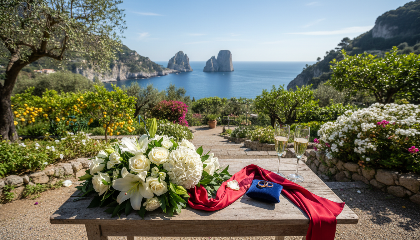 Anniversary ceremony florals in an iconic Capri garden facing the Faraglioni – Capri vow renewal, Italy – Kiss Me Italy